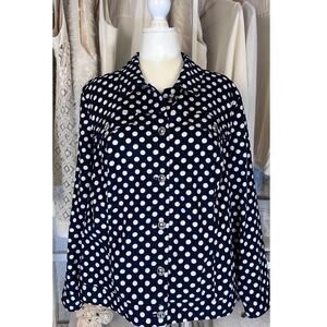 CJ Banks Women's Size 2X Navy & White Polka Dot Button Up Denim Jacket #0167